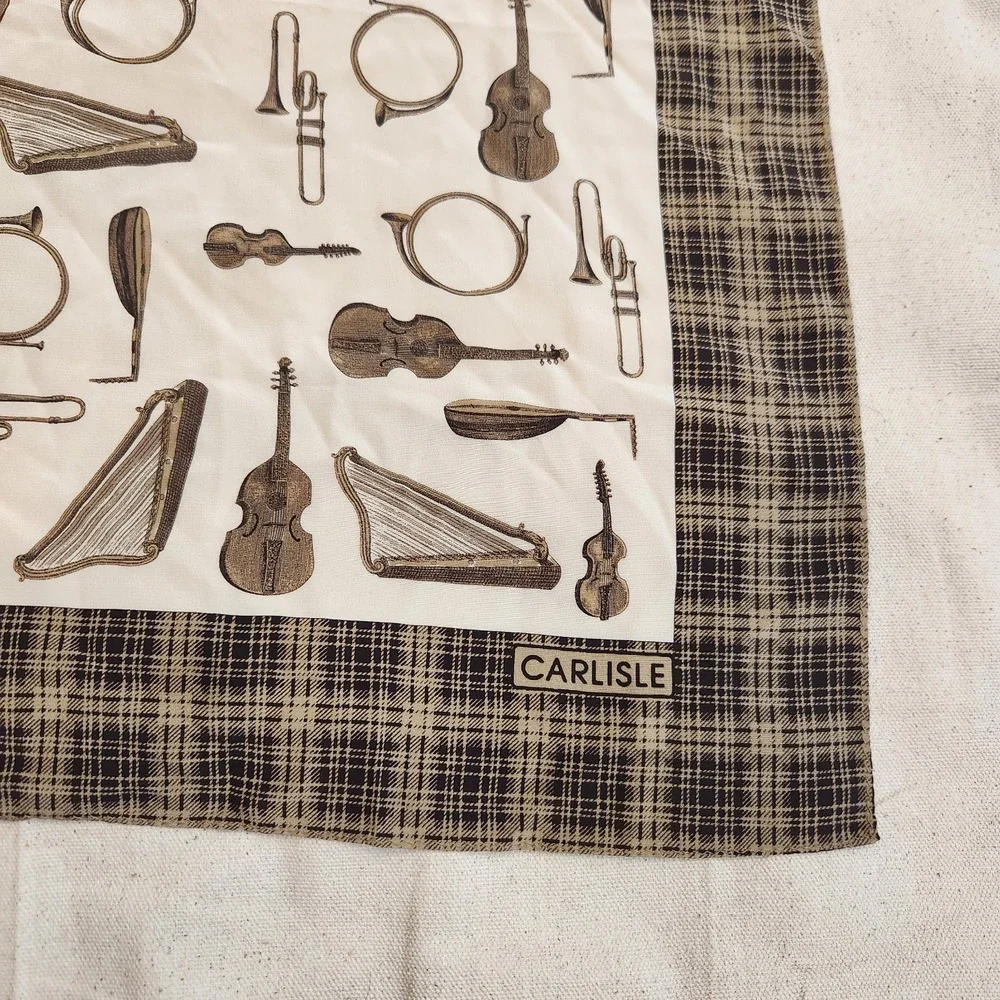 New Carlisle Silk Scarf Musical Instruments Print Plaid Brown Italy Vintage Nwt